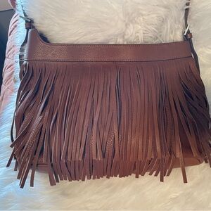 Fringe Leather Shoulder Bag - Brown